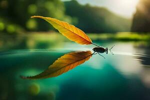 a leaf is floating on the water with a bug. AI-Generated photo