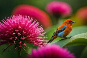 a colorful bird sits on top of a pink flower. AI-Generated photo