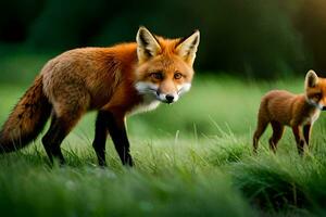 two foxes are standing in the grass. AI-Generated photo