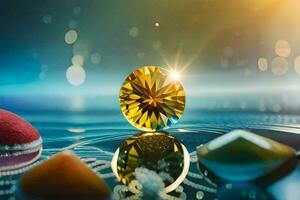 a yellow diamond is surrounded by other colorful gems. AI-Generated photo