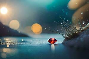 a red diamond sits on the ground in the rain. AI-Generated photo