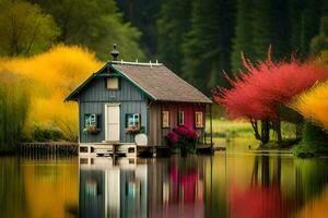 un pequeño casa se sienta en el borde de un lago. generado por ai foto