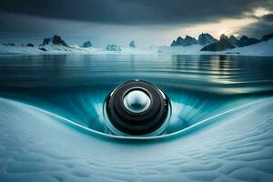a camera is sitting on top of a body of water. AI-Generated photo