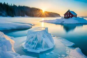 a red house sits on top of an iceberg in the middle of a lake. AI-Generated photo