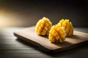 three pieces of mango on a wooden cutting board. AI-Generated photo