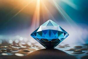 a diamond is sitting on the ground with a bright light shining on it. AI-Generated photo