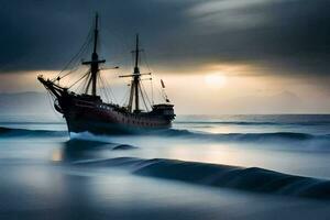 un pirata Embarcacion en el Oceano a puesta de sol. generado por ai foto