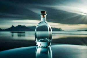 a bottle of water sits on a table in front of a lake. AI-Generated photo