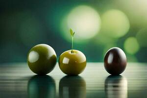 Tres aceitunas son sentado en un mesa con un verde hoja. generado por ai foto