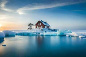 a house sits on top of an iceberg in the middle of the ocean. AI-Generated photo