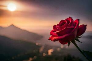 a single red rose is in front of a mountain. AI-Generated photo