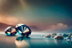 dos diamantes sentado en el agua con rocas generado por ai foto