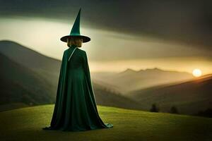 a woman in a green dress and hat stands on a hill. AI-Generated photo