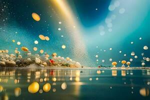 a colorful scene with bubbles floating in the water. AI-Generated photo