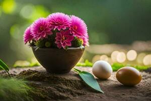 pink flowers in a vase with eggs on the ground. AI-Generated photo