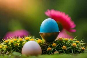 photo wallpaper the sky, flowers, grass, eggs, blue, easter, the sun,. AI-Generated