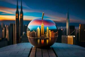 an apple with a city skyline in the middle. AI-Generated photo