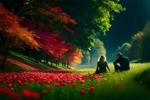 couple sitting on the grass in front of colorful flowers. AI-Generated photo