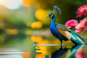 a peacock is standing in the water with flowers. AI-Generated photo