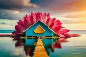 a pink lotus flower is sitting on the water with a dock. AI-Generated photo