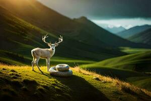 a deer stands on a hill with a tire. AI-Generated photo