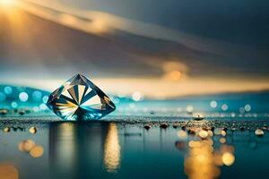 a diamond is sitting on the beach with a bright light behind it. AI-Generated photo