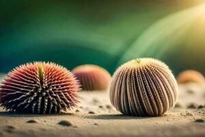 Tres cactus plantas en el arena. generado por ai foto