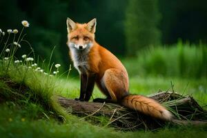 un rojo zorro se sienta en un Iniciar sesión en un campo. generado por ai foto