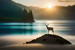 un ciervo soportes en un rock con vista a un lago a puesta de sol. generado por ai foto