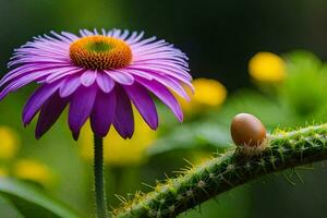 a purple flower and a snail on a plant. AI-Generated photo