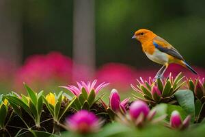 a colorful bird sits on a branch in front of pink flowers. AI-Generated photo