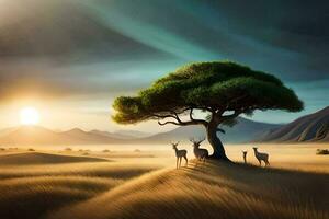 a tree and two deer in the desert. AI-Generated photo