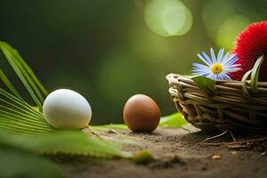 easter eggs in a basket with flowers. AI-Generated photo