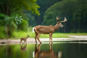a deer and its young stand in the water. AI-Generated photo