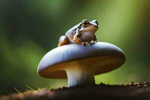 a frog sits on top of a mushroom. AI-Generated photo