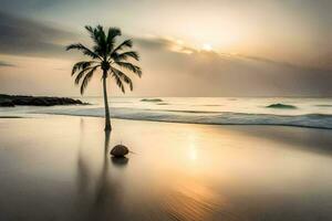 un solitario palma árbol soportes en el playa a puesta de sol. generado por ai foto