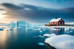 a red house sits on the shore of an iceberg. AI-Generated photo