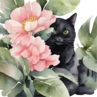 bloemen en zwart kat clip art voor decoratie in veel projecten. ai-gegenereerd. png