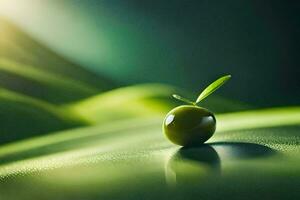 a single green olive on a green background. AI-Generated photo