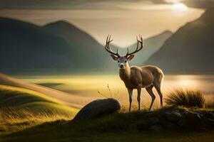 a deer stands on a hill overlooking a lake. AI-Generated photo