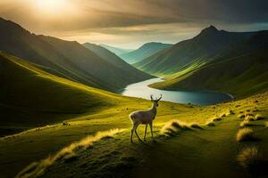 the deer is standing on the grassy hillside in the middle of a valley. AI-Generated photo