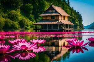 pink lotus flowers in the water with a house in the background. AI-Generated photo