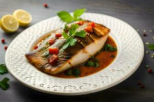 a fish fillet with sauce and herbs on a white plate. AI-Generated photo