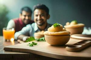 dos hombres sentado a un mesa con alimento. generado por ai foto