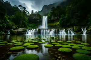 the waterfall is surrounded by green mosses and waterfalls. AI-Generated photo