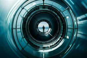 a man standing in the middle of a circular tunnel. AI-Generated photo