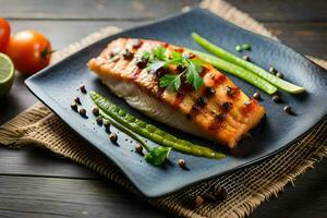 grilled salmon on a black plate with tomatoes and herbs. AI-Generated photo