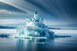 an ice castle on the water. AI-Generated photo