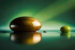a green apple and a chocolate ball on a table. AI-Generated photo