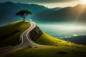 a lone tree on a hill with a road leading to it. AI-Generated photo